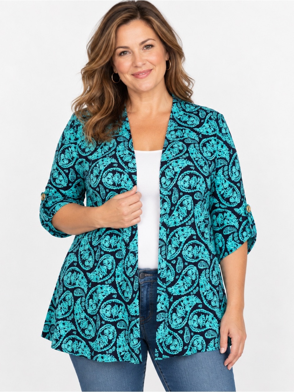 Dear Scarlett Paisley Open Front Cardigan XL Turquoise & Navy